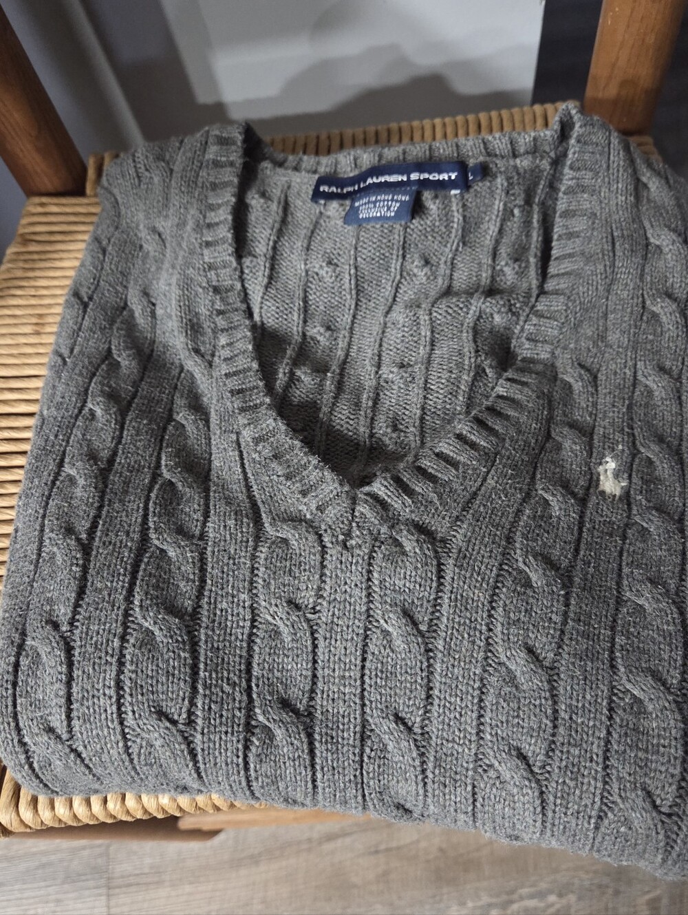 Ralph Lauren Sport 100% Cotton V Neck Sweater Grey Size Large